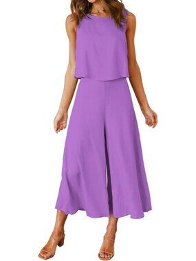 Women's Summer 2 Piece Lavender Round Neck Crop Top Cropped Wide Leg Jumpsuit